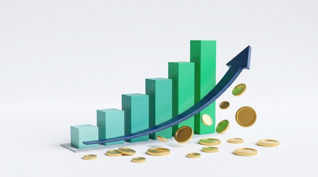 Financial growth is illustrated by an upward trending arrow and gleaming golden coins symbolizing achievement and the expansion of income streams