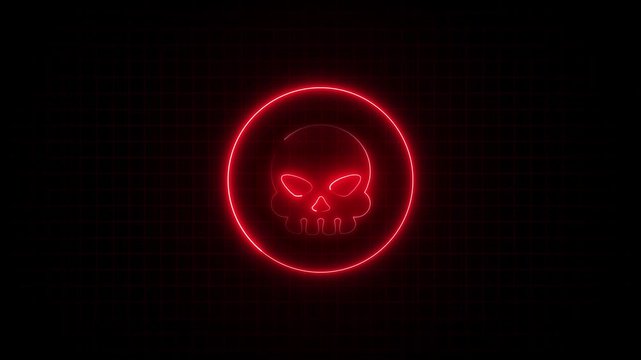 Neon skull icon animation glows in red on a dark grid. Hazard alerts trigger on the red neon skull icon animation. Cyber security warnings use this skull icon animation.