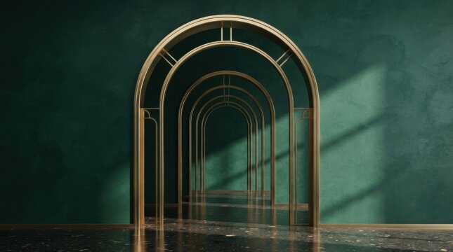 A series of golden metal archway structures standing in a long dark tunnel hallway