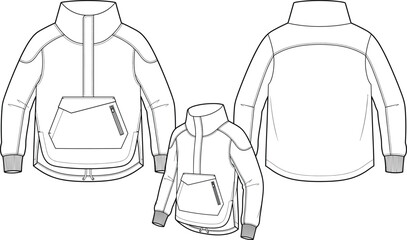 Technical flat sketch of half zip anorak pullover jacket with front back and angled views © Arif Ahmed