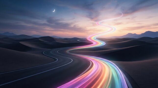 A glowing colorful rainbow path winding through a dark desert landscape at twilight