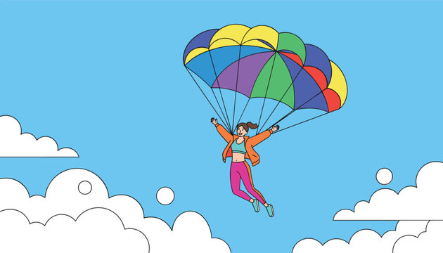 Happy skydiver girl flying with a colorful rainbow parachute in a bright blue sky filled with white clouds.