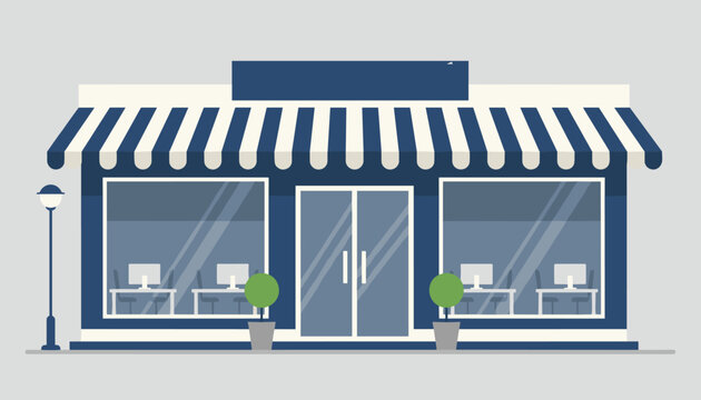 Modern business shop storefront with a striped awning and big glass windows showing computer desks inside.