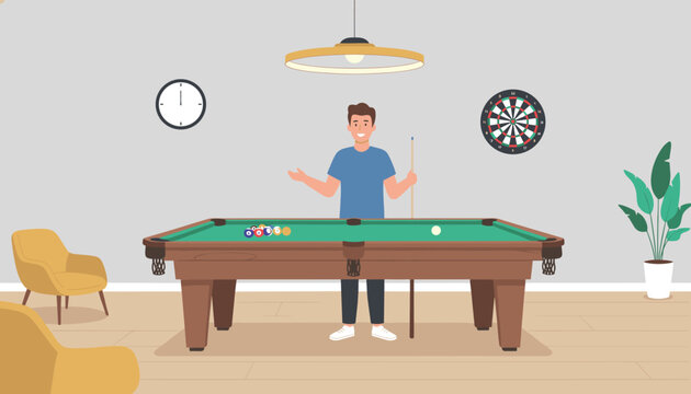 Smiling man standing with a pool cue next to a billiard table in a cozy game room with a dartboard on the wall.