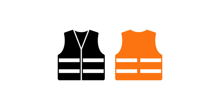 Two safety vests, one black and one orange, on transparent background for industrial and construction workwear.