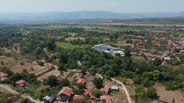 Aerial view of Stob village and rural landscape in Bulgaria