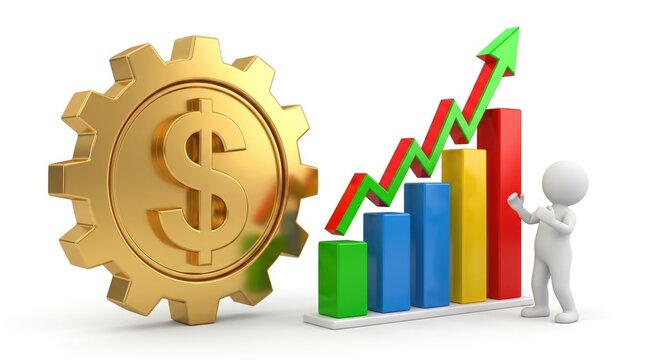 The concept of financial growth and overall business success is visually demonstrated by a gear mechanism powerfully propelling a rising bar graph illustration