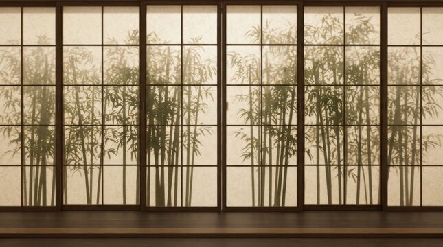 Modern glass window with view of a green bamboo forest in a bright morning light