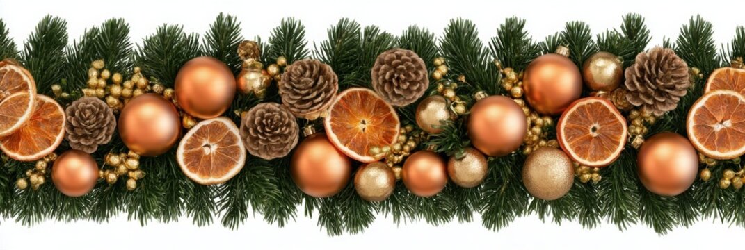 Elegant Christmas garland border composed of dark green fir branches, copper and bronze baubles, dried orange slices, golden berries, and pinecones on a white background