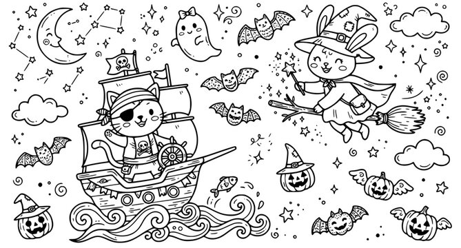 Whimsical Halloween Pirate Cat and Flying Bunny Witch Coloring Page
