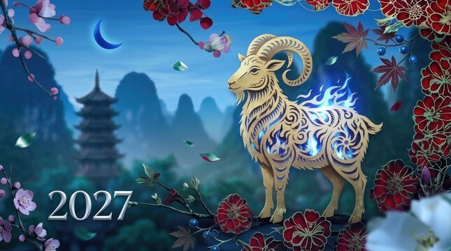 Eastern horoscope symbol: Chinese new, goat calendar, fire sheep, festive background, golden template, invitation card, floral banner, copy space, celestial design, uniquely celebrate.