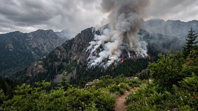 Wildfire photo of forest fire with thick smoke billowing over mountain range