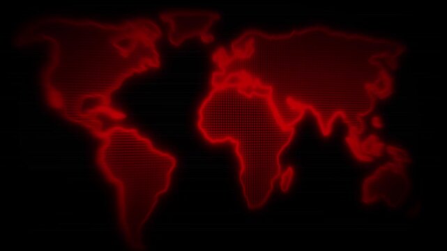 Red world map animation displays digital glitch effects. Threat alerts flash on the active red world map animation. Security telemetry routes on the red world map animation.