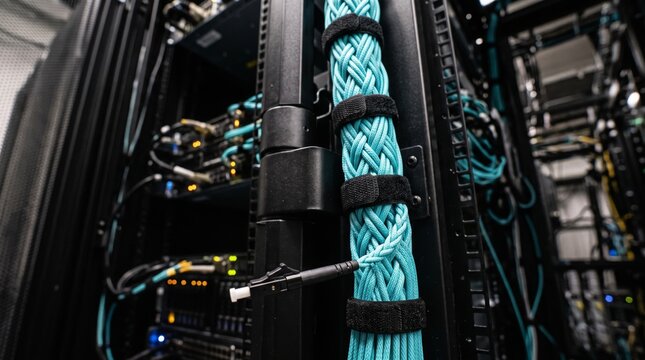 Braided Turquoise Fiber Optic Cable Harness with Velcro Straps and Exposed Plug Inside Server Rack, Precision IT Craftsmanship and High Density Fiber Infrastructure Concept