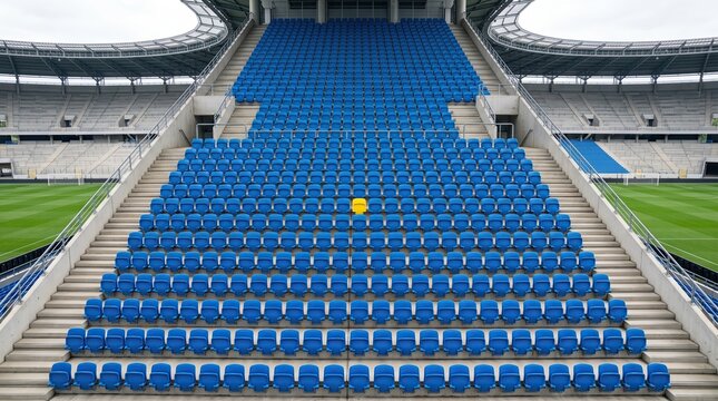 Stadium seats photo featuring one single yellow chair amidst rows of blue seats in an arena