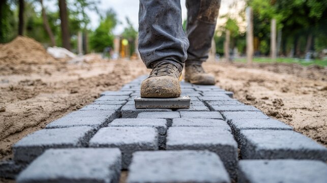 Close up of a construction worker leveling and paving a grey cobblestone walkway pathway in a park garden during a professional landscaping outdoor project