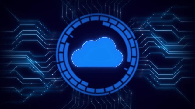 Neon cloud icon animation glows in a circular circuit. Database storage routes from this neon cloud icon animation. Secure data archiving uses the active cloud icon animation.