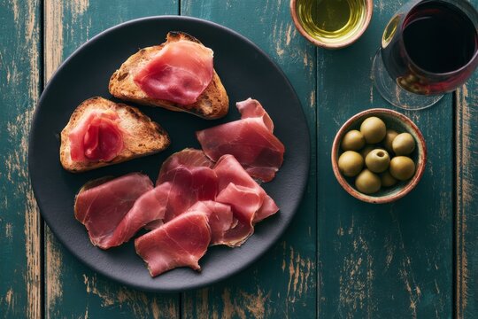 Mediterranean charcuterie spread includes thin slices of prosciutto, toasted rustic bread, green olives in a bowl, and a glass of red wine on a wooden table