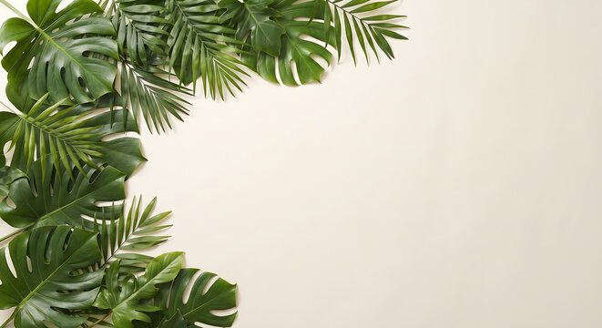 A beautiful border of lush green tropical monstera and palm leaves on a clean light beige background