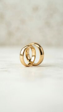 Two gold wedding rings rest on soft coral silk fabric, symbolizing marriage commitment and eternal love in this elegant 3D jewelry illustration