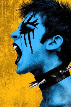 Punk man with electric blue skin and striking black graphic eye makeup screams in side profile, showcasing a spiked black leather choker against a bright yellow backdrop