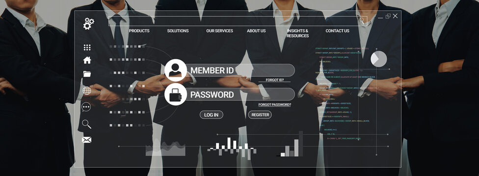 Professional Business Team Standing Together in Formal Attire with Digital Interface Overlay Representing Security and Technology in Corporate Environment Haptic.