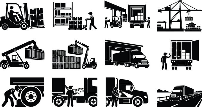 Set of black silhouettes showing warehouse workers, logistics, and transportation of cargo containers on a white background