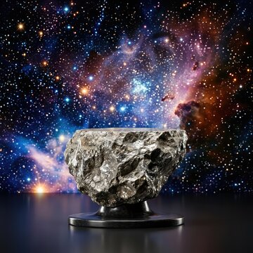 A front-view photograph captures a lunar-inspired, glossy moon rock podium set against a deep space background with stars and nebula, product, glossy, backdrop