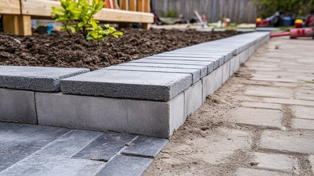 Modern concrete paving stones installed neatly in a residential backyard patio construction project showcasing clean edges, interlocking bricks, and professional landscaping