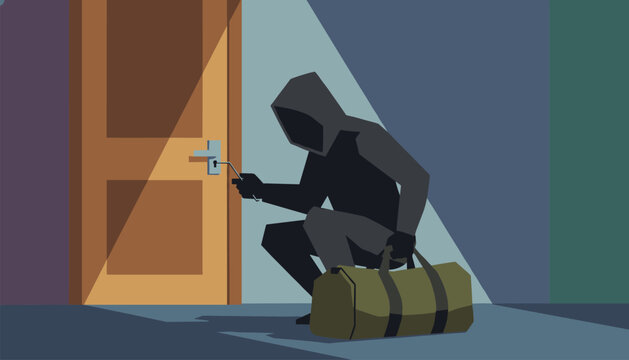 Hooded thief in dark clothing crouching and picking the lock of a wooden door while holding a green duffel bag at night.
