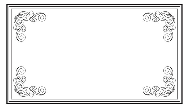Classic double lined rectangular frame featuring elegant vintage swirl corner decorations on a white background.