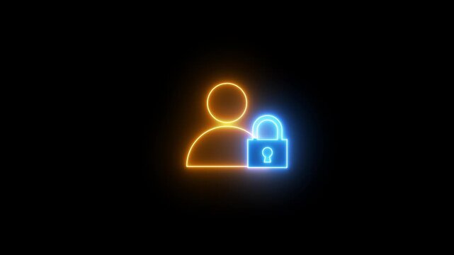 Neon user security icon with a glowing profile and lock, representing secure login, account protection, privacy, and authentication systems.