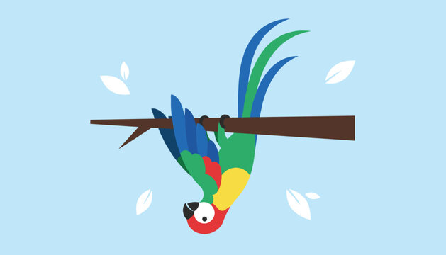 Vibrant cartoon parrot hanging upside down from a tree branch against a soft blue sky background with leaves.