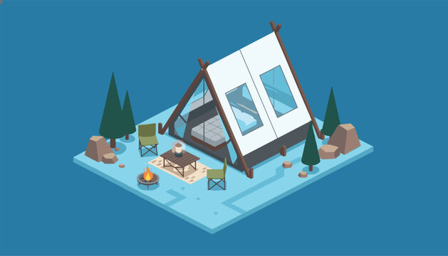 Cozy A-frame camping cabin design in an isometric winter glamping scene with pine trees and campfire on blue.