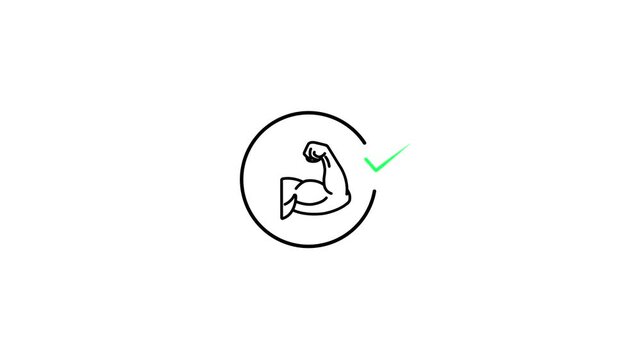 Strong Biceps Line Icon Animation with Checkmark Inside Circle Animated Motion Graphic Video Element for Gym Workout Fitness