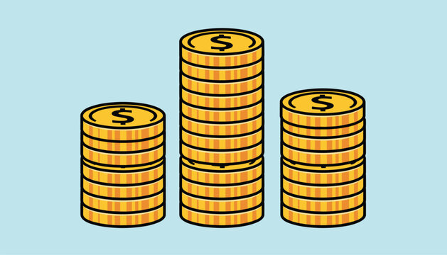 Three tall stacks of golden dollar coins of different heights, shown against a light blue background.