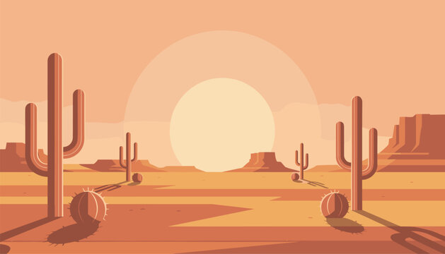 Desert landscape illustration with saguaro cacti, tumbleweeds, and distant rocky canyons under a giant setting sun.
