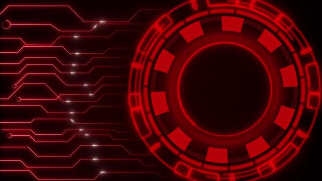Futuristic HUD animation displays red circuits and rings. Radar telemetry guides this dynamic futuristic HUD animation. Threat detection systems monitor on the HUD animation.