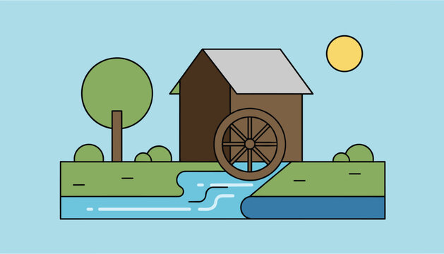 Traditional rural watermill house with wooden water wheel by a flowing river under a bright shining yellow sun.