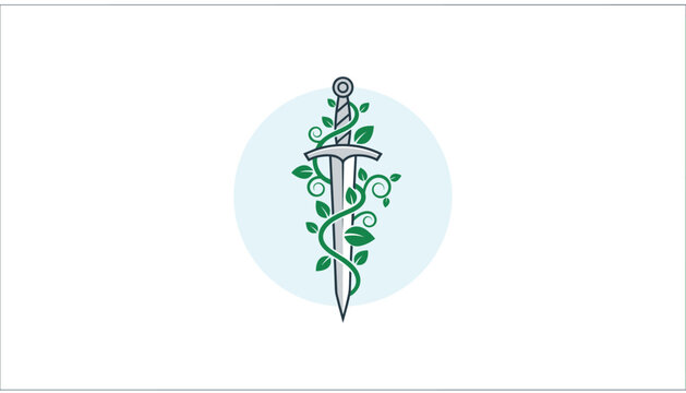 Silver sword with green leafy vines wrapped around the blade, presented inside a light blue circle on a plain white background.