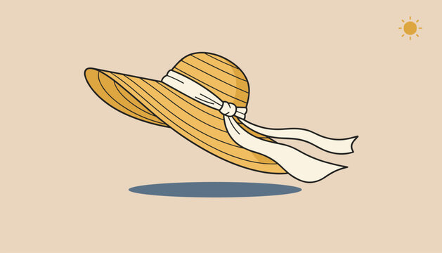 Yellow straw sun hat with a white ribbon blowing in the wind against a warm beige background with a sun icon.