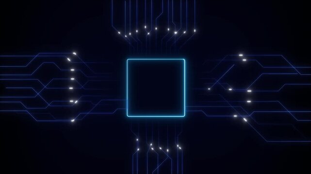 Circuit board lines animation radiates from a central chip. Hardware data flows along circuit board lines animation. Computing drives the active circuit board lines animation.