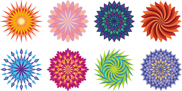 Collection of colorful geometric flower emblems with radial symmetry patterns for decorative logo vector design