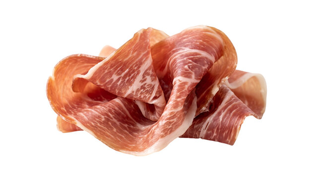 Thinly sliced cured prosciutto ham isolated on transparent background for antipasto platter preparation, Italian deli charcuterie marketing, restaurant gourmet dining, and tapas menu graphics