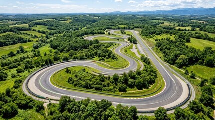 Fototapeta premium A sweeping high-angle photograph capturing the sinuous curves and straightaways of an outdoor grand prix circuit surrounded by green landscapes, sweeping, start line, view