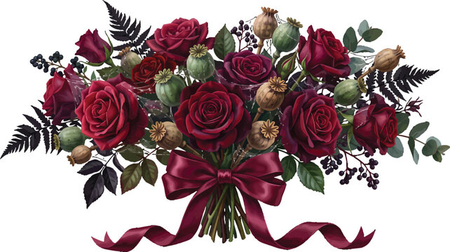 Dark Red Rose Bouquet with Poppy Pods and Decorative Ribbon Vector Illustration