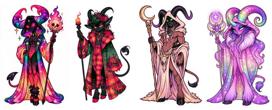 Four colorful Halloween demon mages holding magical staffs and glowing orbs, featuring elaborate costumes, horns, fantasy designs and whimsical supernatural character art.