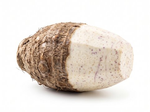 Partially peeled fresh taro root vegetable isolated on clean white background, raw organic eddoe corm tuber food ingredient for healthy cooking diet