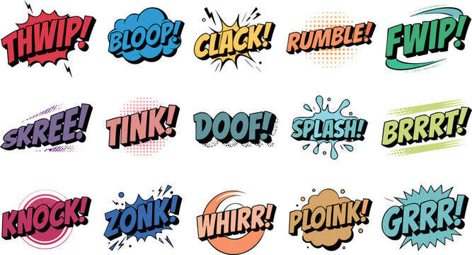 Cartoon comic book sound effects collection with vibrant typography