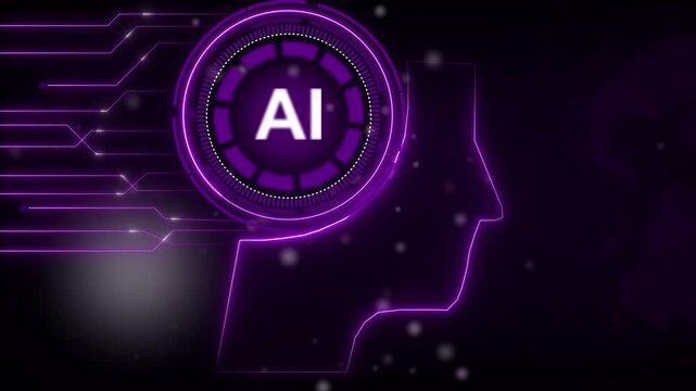 Head silhouette animation displays a chip with circuits. Artificial intelligence links head silhouette animation. Machine learning computing guides head silhouette animation.